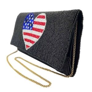 New American Flag Black Beaded Clutch with Red White and Blue Heart Design
